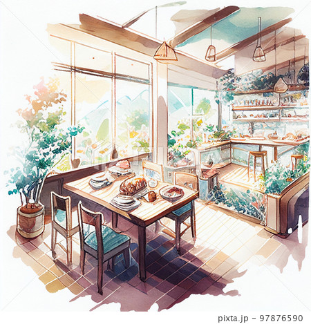 水彩画　山のレストラン　AI画像 97876590