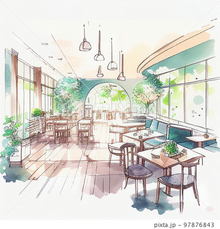 水彩画　おしゃれなレストラン　AI画像 97876843