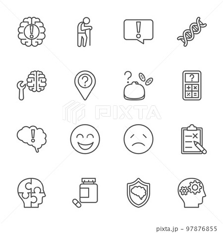 Alzheimer's Disease and Prevention, Health care and medical concept, Vector thin line icons set Alzheimer's Disease and Prevention, Health care and medical concept, Vector thin line icons set 97876855