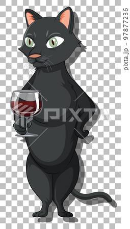 Black cat standing holding wine glass cartoon character 97877236