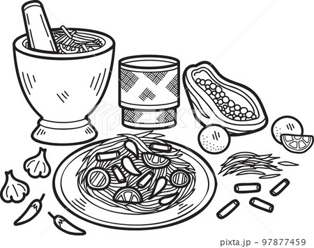Hand Drawn papaya salad with Thai food illustration Hand Drawn papaya salad with Thai food illustration 97877459