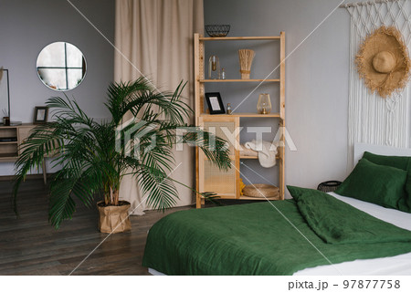Bedroom interior in Scandinavian style. A bed with green linens, a potted date palm houseplant on the floor 97877758