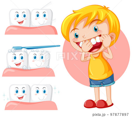Cute girl cartoon character flossing teeth Cute girl cartoon character flossing teeth 97877897