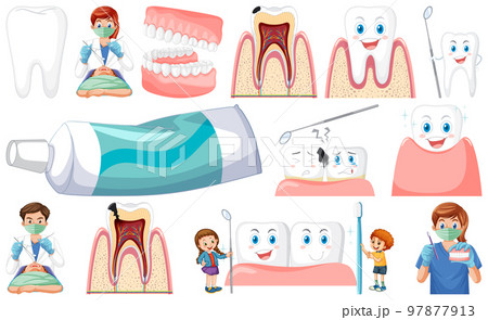 Set of dental equipments and cartoon characters Set of dental equipments and cartoon characters 97877913
