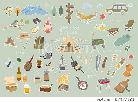 アウトドア　手描きイラストセット　白いふち付き 97877931