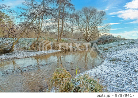 Image of a stream flowing through a winter forest 97879417