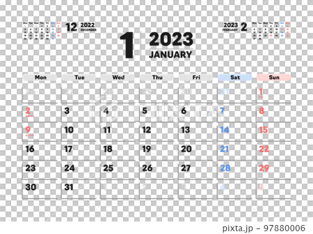 Calendar for January 2023-Monthly calendar starting Monday with Japanese holidays-3 months A version ratio 97880006