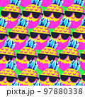 Happy Smiling Pineapple in Sunglasses Retro Abstract Pop Art Style Seamless Vector Pattern 97880338