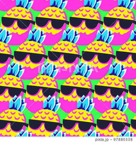 Happy Smiling Pineapple in Sunglasses Retro Abstract Pop Art Style Seamless Vector Pattern 97880338