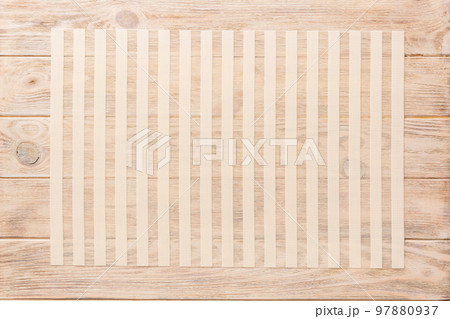 Top view of light tablecloth for food on wooden background. Empty space for your design 97880937