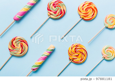 Set of colorful lollipops on colored background. Summer concept. Party Happy Birthday or Minimalist Concept 97881181