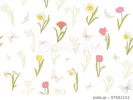 Daffodils and tulips flowers, the early spring flowers. Seamless pattern Daffodils and tulips flowers, the early spring flowers. Seamless pattern 97882152