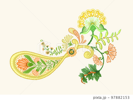 Fantasy flowers and paisley in retro, vintage, jacobean embroidery style. Fantasy flowers and paisley in retro, vintage, jacobean embroidery style. 97882153