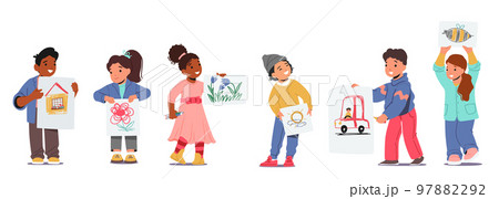 Children Holding Drawings Isolated on White Background. Little Kid Characters Showing Paintings on Paper, Creativity 97882292