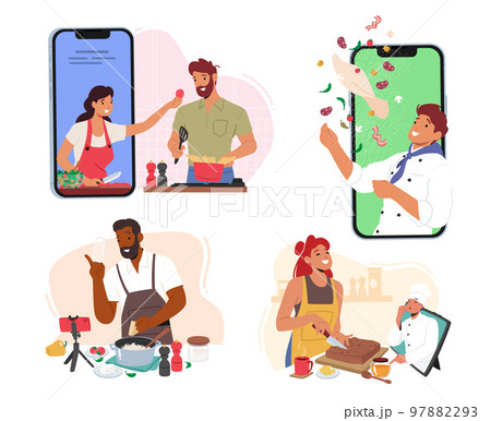 Set of People Cooking Online Concept. Male and Female Characters Use Internet for Preparing Food, Learning Video 97882293