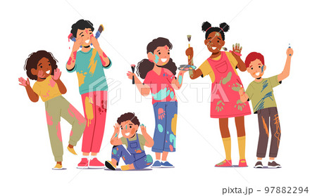 Cute Children Group with Dye Spots on Clothes, Face and Hands. Happy Kids Holding Brushes, Palette and Pencils Cute Children Group with Dye Spots on Clothes, Face and Hands. Happy Kids Holding Brushes, Palette and Pencils 97882294
