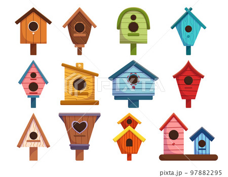 Set of Wooden Bird Houses Different Shapes and Sizes Isolated on White Background. Colorful Birdhouses, Home or Nest Set of Wooden Bird Houses Different Shapes and Sizes Isolated on White Background. Colorful Birdhouses, Home or Nest 97882295