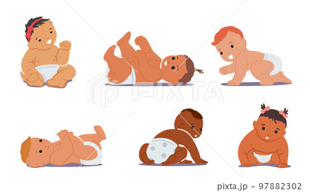 Set of Newborn Babies of Different Nations. Cute Innocent Infants, Asian, African, Latin or Caucasian Nations Character 97882302