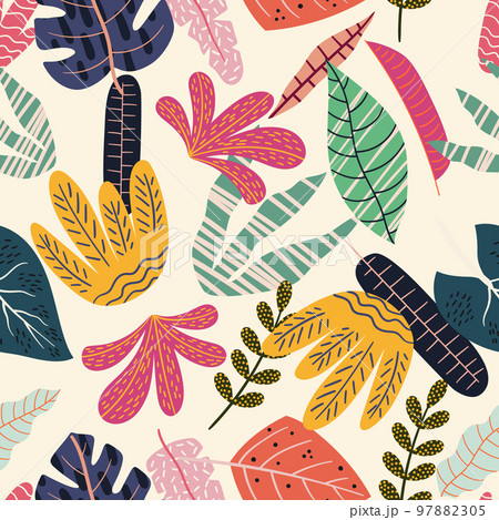 Tropical Floral Pattern with Colorful Leaves and Branches in Cute Scandinavian Style. Seamless Botanical Background 97882305