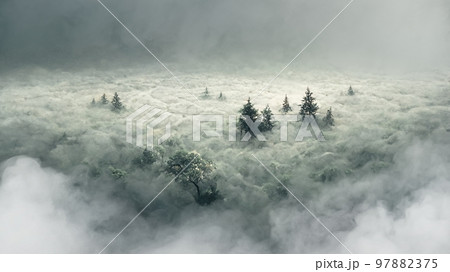 Vertical garden with tropical green leaf with fog and rain, Dark tone Vertical garden with tropical green leaf with fog and rain, Dark tone 97882375