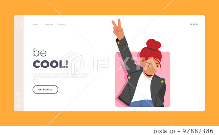 Be Cool Landing Page Template. Girl Showing Victory Gesture Peeking Out Pink Square Frame. Child Look from the Hole Be Cool Landing Page Template. Girl Showing Victory Gesture Peeking Out Pink Square Frame. Child Look from the Hole 97882386