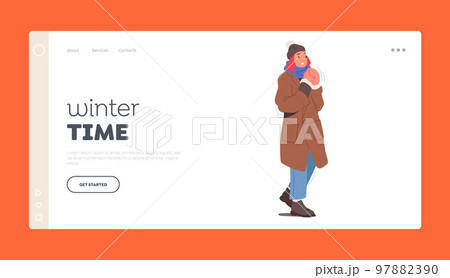 Winter Time Landing Page Template. Freezing Female Character Wrapped in Warm Clothes, Hat, Scarf, Mittens, Boots 97882390