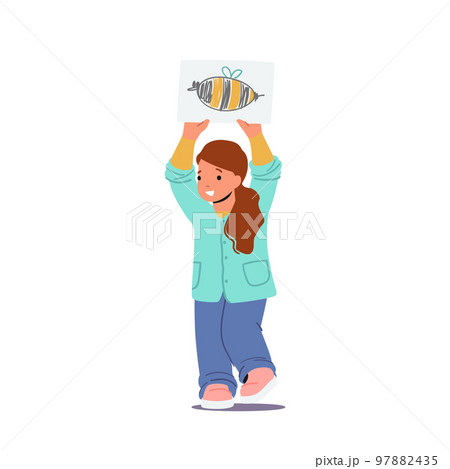 Little Child Girl Holding Drawings of Funny Bee Isolated on White Background. Baby Character Showing Art on Paper Little Child Girl Holding Drawings of Funny Bee Isolated on White Background. Baby Character Showing Art on Paper 97882435