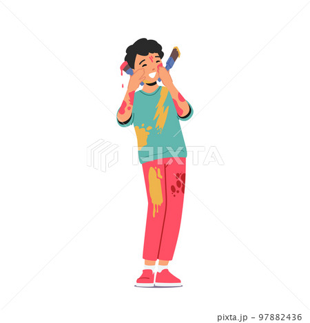 Cute Little Child Covered with Paints, Funny Boy Holding Brushes with Dye Spots on Clothes, Face and Hands Cute Little Child Covered with Paints, Funny Boy Holding Brushes with Dye Spots on Clothes, Face and Hands 97882436