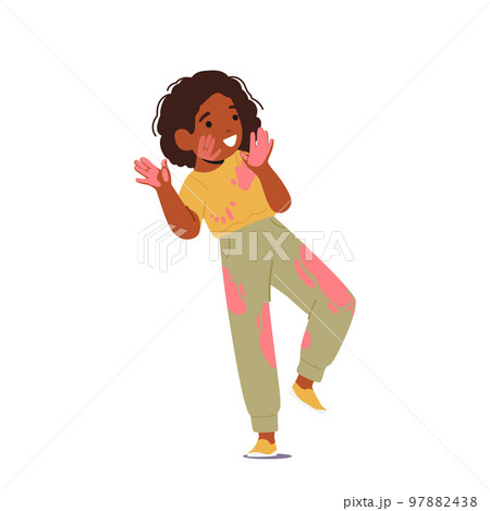 Cute Little Girl with Dye Spots on Clothes, Face and Hands. Happy Childhood, Talented Black Child Character Painting Cute Little Girl with Dye Spots on Clothes, Face and Hands. Happy Childhood, Talented Black Child Character Painting 97882438