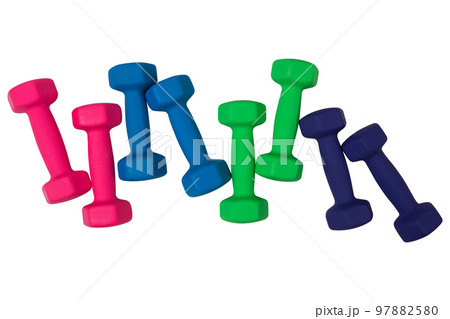 Four pairs of dumbbells of different colors,...の写真素材 [97882580] - PIXTA