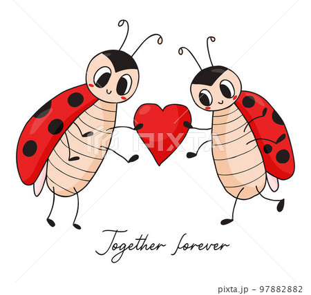 Valentine card with cute ladybugs. Loving couple of funny insects ladybird with heart. Together forever. Vector illustration. Hand drawn doodle style. 97882882