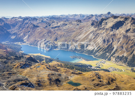 Above Silvaplana lake, Sils and Maloja from Piz Corvatsch, Engadine, Switzerland Above Silvaplana lake, Sils and Maloja from Piz Corvatsch, Engadine, Switzerland 97883235
