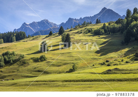 Dramatic landscape of swiss alps in upper Engadine, Graubunden, Switzerland Dramatic landscape of swiss alps in upper Engadine, Graubunden, Switzerland 97883378