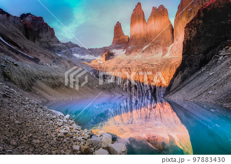 Torres Del Paine granites at sunrise and lake reflection, Chilean Patagonia Torres Del Paine granites at sunrise and lake reflection, Chilean Patagonia 97883430