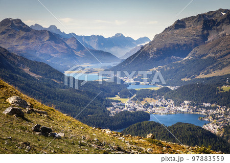 View Above St Moritz from Muottas Muragl of Upper Engadine, Graubunden, Switzerland 97883559