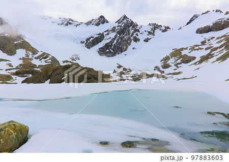 Melting frozen lake, Andes landscape in Tierra Del fuego, Ushuaia, Argentina 97883603