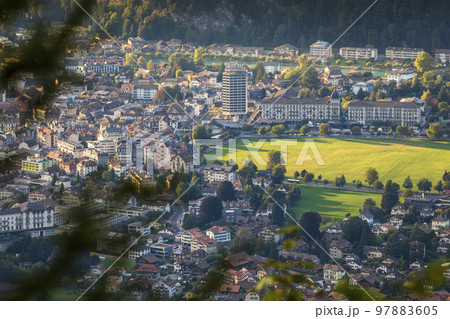 Aerial view of interlaken city in Bernese Oberland, Switzerland Aerial view of interlaken city in Bernese Oberland, Switzerland 97883605