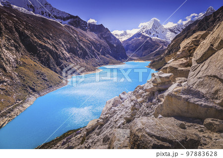 Turquoise Paron lake in Cordillera Blanca, snowcapped Andes, Ancash, Peru 97883628