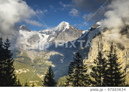 Eiger and Monch, Snowcapped Bernese Swiss alps, view from Murren, Switzerland 97883634