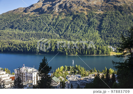 Sailing on St Moritz lake, view above Engadine, Graubunden, Switzerland Sailing on St Moritz lake, view above Engadine, Graubunden, Switzerland 97883709