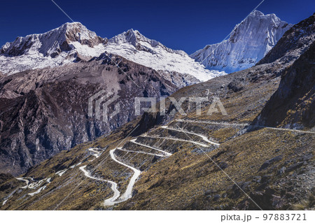 Portachuelo Road, mountain pass in Huascaran, Cordillera Blanca, Ancash, Peru Portachuelo Road, mountain pass in Huascaran, Cordillera Blanca, Ancash, Peru 97883721