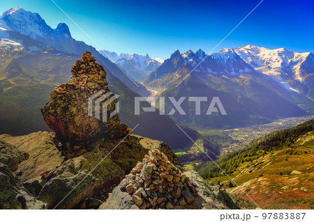 Mont Blanc massif idyllic alpine landscape countryside, Chamonix, French Alps Mont Blanc massif idyllic alpine landscape countryside, Chamonix, French Alps 97883887