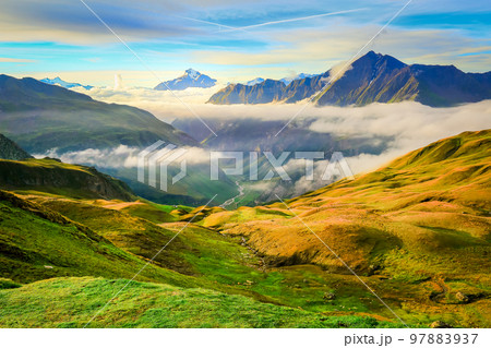 Mont Blanc massif idyllic alpine landscape countryside, Chamonix, French Alps 97883937