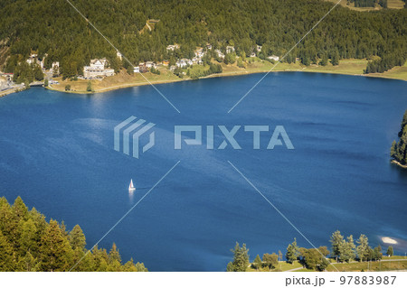 Sailing on St Moritz lake, view above Engadine, Graubunden, Switzerland Sailing on St Moritz lake, view above Engadine, Graubunden, Switzerland 97883987