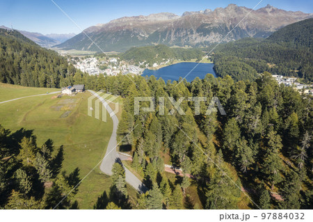 Above St Moritz lake from Muottas Muragl, Engadine, Graubunden, Switzerland Above St Moritz lake from Muottas Muragl, Engadine, Graubunden, Switzerland 97884032