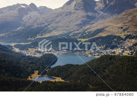 Above St Moritz lake with sailboats from Muottas Muragl, Graubunden, Switzerland 97884080
