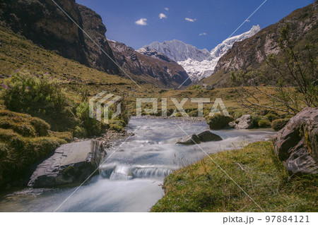 River and Huascaran massif in Cordillera Blanca, snowcapped Andes, Ancash, Peru River and Huascaran massif in Cordillera Blanca, snowcapped Andes, Ancash, Peru 97884121