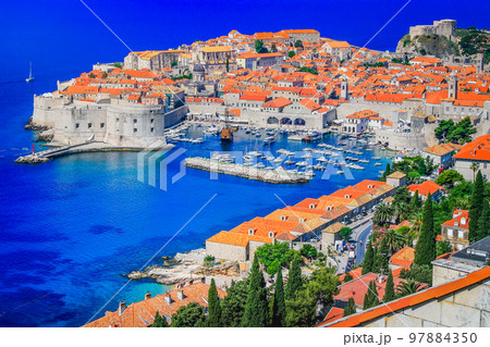 Dubrobvik old town, turquoise adriatic beach in Dalmatia, Croatia 97884350