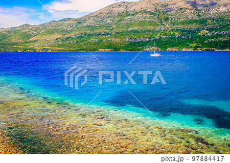 Elaphiti islands, turquoise adriatic beach near Korcula, Dalmatia, Croatia Elaphiti islands, turquoise adriatic beach near Korcula, Dalmatia, Croatia 97884417