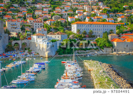 Dubrobvik old town, turquoise adriatic beach in Dalmatia, Croatia 97884491